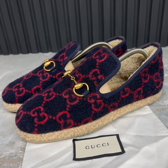 Gucci Fria Horsebit Espadrille GG Monogram Loafer Blue Wool Fur 6 G 10 US 40 EUR - Picture 1 of 11